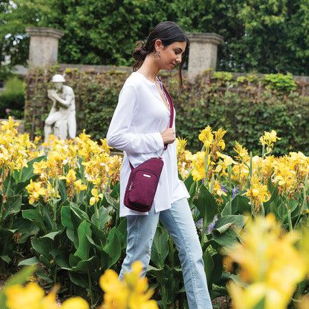 variant:41415647952973 travelon Anti-Theft Essentials Mini Asymmetric Crossbody dark bordeaux