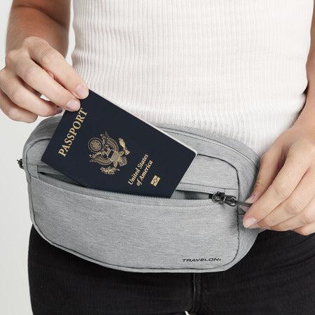 variant:41415628456013 travelon World Travel Essentials Convertible Sling/Waist Pack Gray Heather